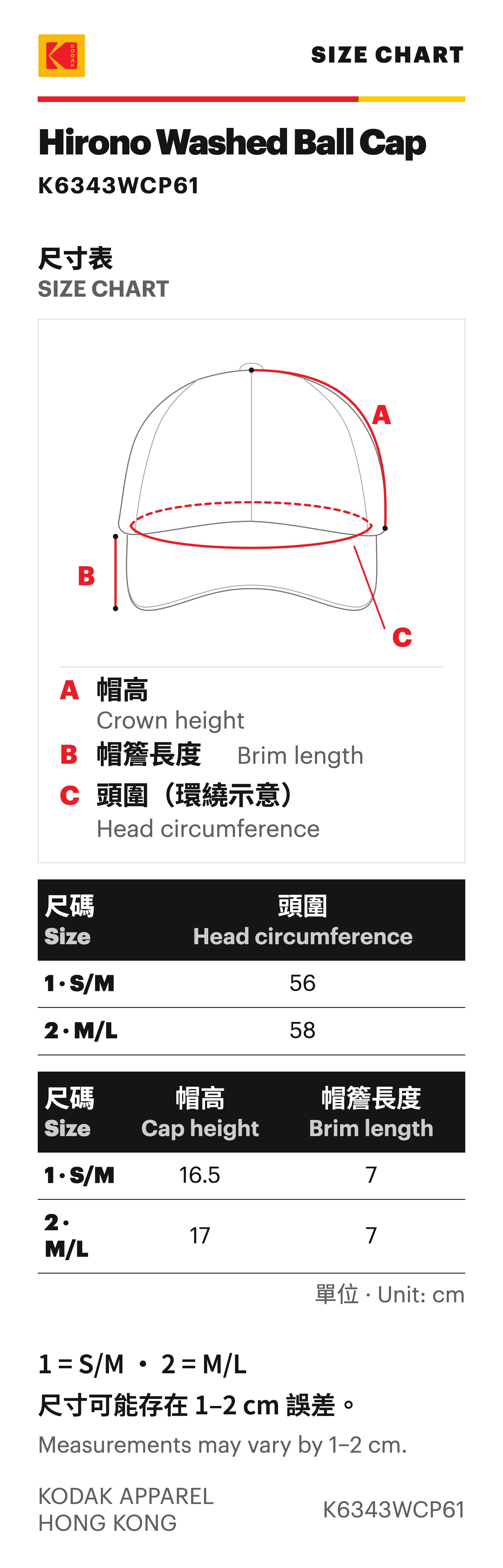 KODAK Hirono cap annotated size chart: 1 S/M 56 cm; 2 M/L 58 cm