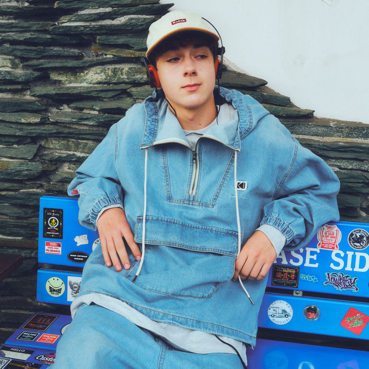 KODAK Flash Washing | RGB Denim Long Sleeve Half-Zip Hooded Anorak — K6323WWT91 SBL — image 4