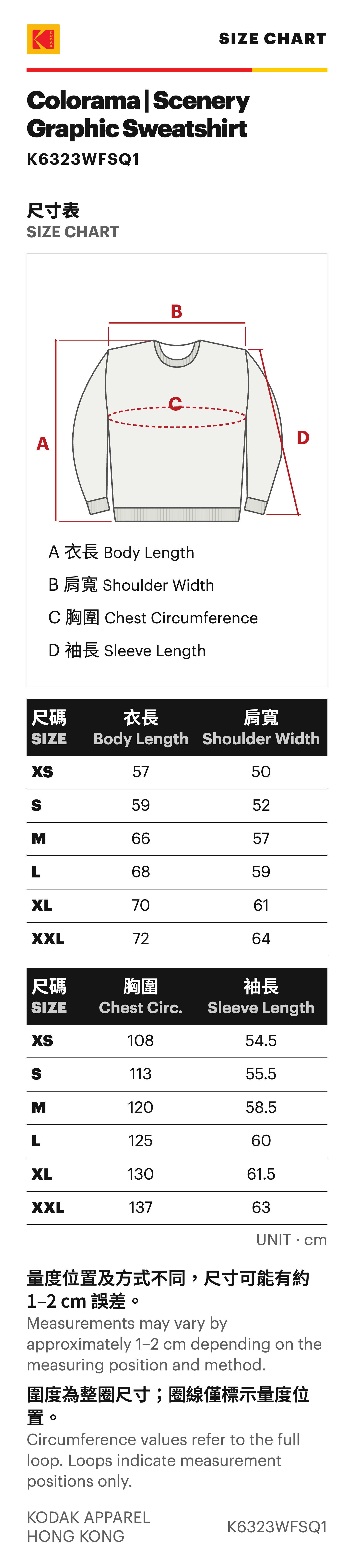 KODAK K6323WFSQ1 Size chart / 尺寸表 — English / 繁體中文